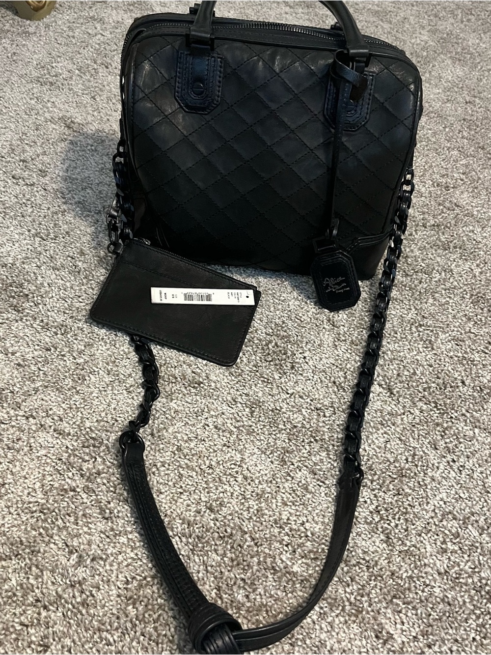 Alice + Olivia Quilted Black Leather Crossbody with Chain Strap